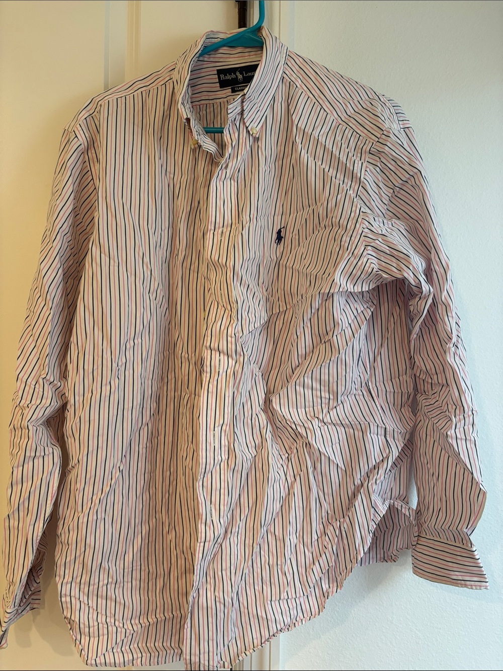 Ralph Lauren White Button-Down Shirt with Pink & Blue Stripes